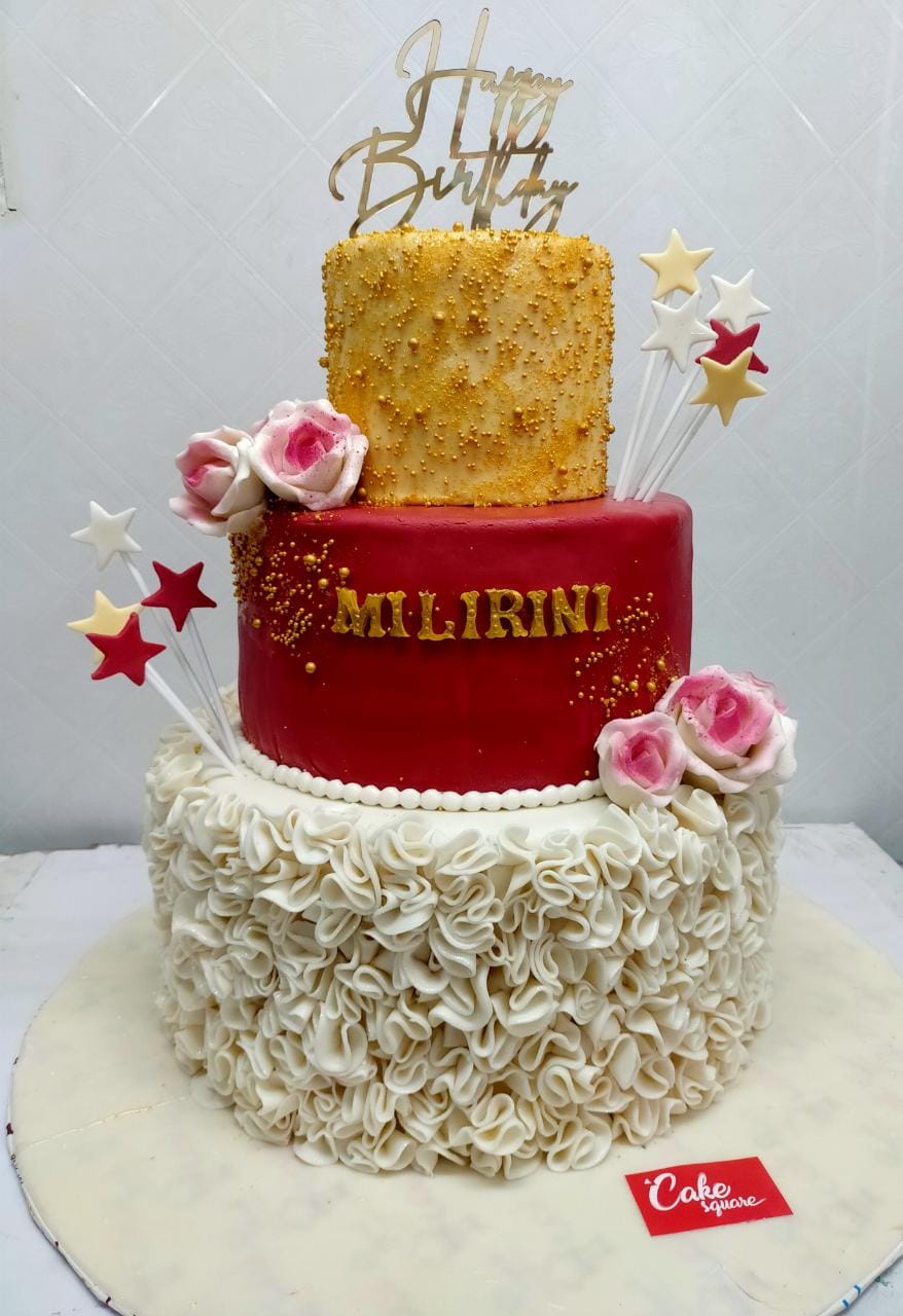 Triple Decker Wedding Cake with Rose Toppings