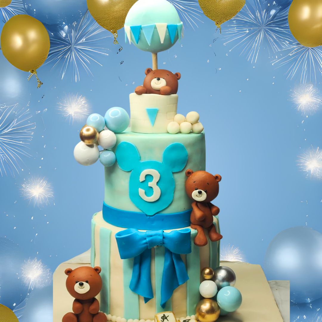 Teddy in a Hot air Balloon First Birthday Cake - Cake Square